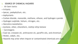 3. SOURCE OF CHEMICAL HAZARDS
 Air born toxics
• Irritants
• Ipecac, podophyllum, etc.
• Asphyxiants
• Carbon dioxide, monoxide, methane, ethane, and hydrogen cyanide
• Hydrogen sulphide, helium, nitrogen, etc.
• Narcotics/anesthetics
• Acetone, ether, chloroform, methyl ethyl ketone
 Carcinogens
• Coal tar, creosote oil, anthracene oil, paraffin oils, and chromium.
• Nickel, cobalt, etc.
• Hazards may arise when impure or contaminated chemicals are used.
 