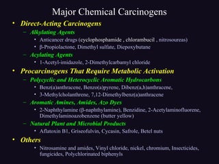 Major Chemical Carcinogens
• Direct-Acting Carcinogens
– Alkylating Agents
• Anticancer drugs (cyclophosphamide , chlorambucil , nitrosoureas)
• β-Propiolactone, Dimethyl sulfate, Diepoxybutane
– Acylating Agents
• 1-Acetyl-imidazole, 2-Dimethylcarbamyl chloride
• Procarcinogens That Require Metabolic Activation
– Polycyclic and Heterocyclic Aromatic Hydrocarbons
• Benz(a)anthracene, Benzo(a)pyrene, Dibenz(a,h)anthracene,
• 3-Methylcholanthrene, 7,12-Dimethylbenz(a)anthracene
– Aromatic Amines, Amides, Azo Dyes
• 2-Naphthylamine (β-naphthylamine), Benzidine, 2-Acetylaminofluorene,
Dimethylaminoazobenzene (butter yellow)
– Natural Plant and Microbial Products
• Aflatoxin B1, Griseofulvin, Cycasin, Safrole, Betel nuts
• Others
• Nitrosamine and amides, Vinyl chloride, nickel, chromium, Insecticides,
fungicides, Polychlorinated biphenyls
 