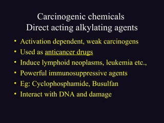 Carcinogenic chemicals
Direct acting alkylating agents
• Activation dependent, weak carcinogens
• Used as anticancer drugs
• Induce lymphoid neoplasms, leukemia etc.,
• Powerful immunosuppressive agents
• Eg: Cyclophosphamide, Busulfan
• Interact with DNA and damage
 