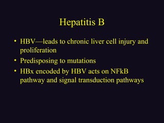 Hepatitis B
• HBV—leads to chronic liver cell injury and
proliferation
• Predisposing to mutations
• HBx encoded by HBV acts on NFkB
pathway and signal transduction pathways
 