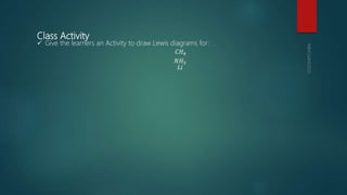 Class Activity
 Give the learners an Activity to draw Lewis diagrams for:
𝐶𝐻4
𝑁𝐻3
𝐿𝑖
 