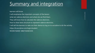 Summary and integration
learners will know
I will emphasize the important concepts of the lesson:
what are valence electrons and where do we find them.
They will know how to calculate the valence electrons.
How to draw lewis structure to represent valence electrons.
I will tell the learners to take out their device to log on to socrative to do the activity.
https://b.socrative.com/login/student
ROOM NAME: MBATSANE3335
 