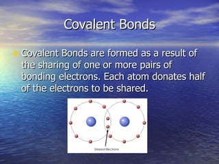 Covalent Bonds Covalent Bonds are formed as a result of the sharing of one or more pairs of bonding electrons. Each atom donates half of the electrons to be shared. 