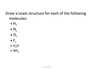 Draw a Lewis structure for each of the following molecules: H 2   N 2  O 2   F 2 H 2 O NH 3 srsa_July2009 