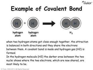 Example of Covalent Bond
when two hydrogen atoms get close enough together, the attraction
is balanced in both directions and they share the electrons
between them. A covalent bond is made and hydrogen gas (H2) is
formed.
In the hydrogen molecule (H2) the darker area between the two
nuclei shows where the two electrons, which are now shared, are
most likely to be.
© iTutor. 2000-2013. All Rights Reserved
 