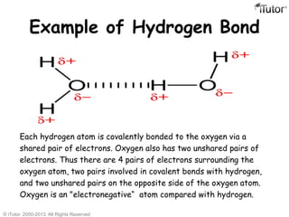 Example of Hydrogen Bond
Each hydrogen atom is covalently bonded to the oxygen via a
shared pair of electrons. Oxygen also has two unshared pairs of
electrons. Thus there are 4 pairs of electrons surrounding the
oxygen atom, two pairs involved in covalent bonds with hydrogen,
and two unshared pairs on the opposite side of the oxygen atom.
Oxygen is an "electronegative“ atom compared with hydrogen.
© iTutor. 2000-2013. All Rights Reserved
 