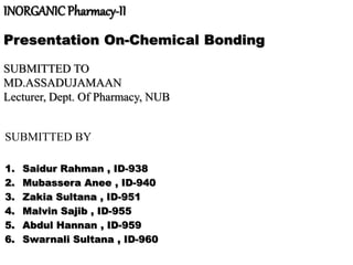 INORGANIC Pharmacy-II
Presentation On-Chemical Bonding
SUBMITTED TO
MD.ASSADUJAMAAN
Lecturer, Dept. Of Pharmacy, NUB
SUBMITTED BY
1. Saidur Rahman , ID-938
2. Mubassera Anee , ID-940
3. Zakia Sultana , ID-951
4. Malvin Sajib , ID-955
5. Abdul Hannan , ID-959
6. Swarnali Sultana , ID-960
 