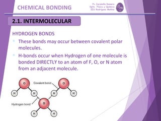CHEMICAL BONDING
2.1. INTERMOLECULAR
HYDROGEN BONDS
 These bonds may occur between covalent polar
molecules.
 H-bonds occur when Hydrogen of one molecule is
bonded DIRECTLY to an atom of F, O, or N atom
from an adjacent molecule.
Pp Jaramillo Romero
Dpto. Física y Química
IES Rodríguez Moñino
 
