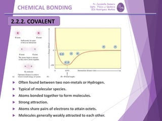 CHEMICAL BONDING
2.2.2. COVALENT
 Often found between two non-metals or Hydrogen.
 Typical of molecular species.
 Atoms bonded together to form molecules.
 Strong attraction.
 Atoms share pairs of electrons to attain octets.
 Molecules generally weakly attracted to each other.
Pp Jaramillo Romero
Dpto. Física y Química
IES Rodríguez Moñino
 