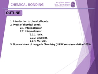 CHEMICAL BONDING
1. Introduction to chemical bonds.
2. Types of chemical bonds.
2.1. Intermolecular.
2.2. Intramolecular.
2.2.1. Ionic.
2.2.2. Covalent.
2.2.3. Metallic.
3. Nomenclature of Inorganic Chemistry (IUPAC recommendation 2005)
OUTLINE
Pp Jaramillo Romero
Dpto. Física y Química
IES Rodríguez Moñino
 