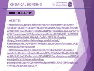 CHEMICAL BONDING
BIBLIOGRAPHY
WEBSITES
- https://www.google.es/url?sa=t&rct=j&q=&esrc=s&source=
web&cd=1&cad=rja&uact=8&ved=0CCgQFjAAahUKEwj8nKH5r5fI
AhUDtRoKHfw7ASc&url=http%3A%2F%2Feducation.jlab.org%2Fjs
at%2Fpowerpoint%2Fchembond.ppt&usg=AFQjCNEBfI_1oWFNM
vWL2vKeO1MKiWUcJA&sig2=QuPt1cF305rTKzi1qg4jrg
-http://www2.bakersfieldcollege.edu/dkimball/
Chemistry%20B2A/WEBPPTWithoutLectureQuizes/chapter12%20
Chemical%20Bonding.ppt
- https://www.google.es/url?sa=t&rct=j&q=&esrc=s&source=
web&cd=3&cad=rja&uact=8&ved=0CDgQFjACahUKEwj8nKH5r5fI
AhUDtRoKHfw7ASc&url=http%3A%2F%2Fes.slideshare.net%2FLal
einPajarillo%2Fchemical-bonding-
powerpoint&usg=AFQjCNHkURnufyzzr0IHT3L7OsGY66Oayg&sig2
=7h4bBZhB2CCyFo39IIDx7A
Pp Jaramillo Romero
Dpto. Física y Química
IES Rodríguez Moñino
 