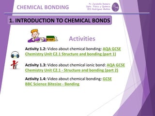 CHEMICAL BONDING
Activity 1.2: Video about chemical bonding: AQA GCSE
Chemistry Unit C2.1 Structure and bonding (part 1)
Activity 1.3: Video about chemical ionic bond: AQA GCSE
Chemistry Unit C2.1 - Structure and bonding (part 2)
Activity 1.4: Video about chemical bonding: GCSE
BBC Science Bitesize - Bonding
1. INTRODUCTION TO CHEMICAL BONDS
Pp Jaramillo Romero
Dpto. Física y Química
IES Rodríguez Moñino
 