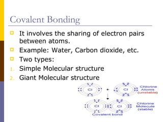 Covalent Bonding
 It involves the sharing of electron pairs
between atoms.
 Example: Water, Carbon dioxide, etc.
 Two types:
1. Simple Molecular structure
2. Giant Molecular structure
 