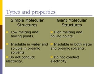 Types and properties
Simple Molecular
Structures
Giant Molecular
Structures
 Low melting and
boiling points.
 High melting and
boiling points.
 Insoluble in water and
soluble in organic
solvents.
 Insoluble in both water
and organic solvents.
 Do not conduct
electricity.
 Do not conduct
electricity.
 