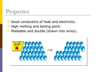 Properties
 Good conductors of heat and electricity.
 High melting and boiling point.
 Malleable and ductile (drawn into wires).
 