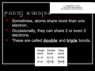 Fancy B onding
 Sometimes, atoms share more than one
electron.
 Occasionally, they can share 2 or even 3
electrons.
 These are called double and triple bonds.
QuickTime™ and a
TIFF (LZW) decompressor
are needed to see this picture.
 