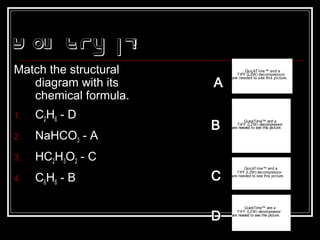 Y ou Try it!
Match the structural
diagram with its
chemical formula.
1. C2H6 - D
2. NaHCO3 - A
3. HC2H3O2 - C
4. C6H6 - B
QuickTime™ and a
TIFF (LZW) decompressor
are needed to see this picture.
QuickTime™ and a
TIFF (LZW) decompressor
are needed to see this picture.
QuickTime™ and a
TIFF (LZW) decompressor
are needed to see this picture.
QuickTime™ and a
TIFF (LZW) decompressor
are needed to see this picture.
CC
BB
AA
DD
 