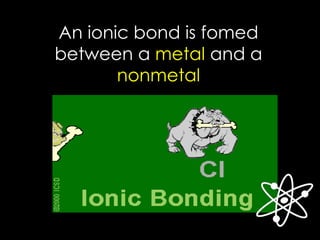 An ionic bond is fomed
between a metal and a
nonmetal
 