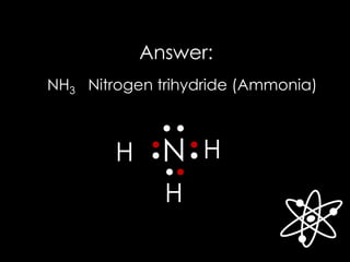 Answer:
N HH
H
NH3 Nitrogen trihydride (Ammonia)
 