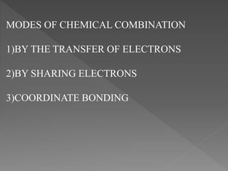 MODES OF CHEMICAL COMBINATION
1)BY THE TRANSFER OF ELECTRONS
2)BY SHARING ELECTRONS
3)COORDINATE BONDING
 