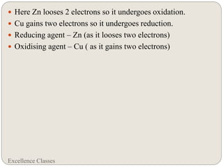 Excellence Classes
 Here Zn looses 2 electrons so it undergoes oxidation.
 Cu gains two electrons so it undergoes reduction.
 Reducing agent – Zn (as it looses two electrons)
 Oxidising agent – Cu ( as it gains two electrons)
 