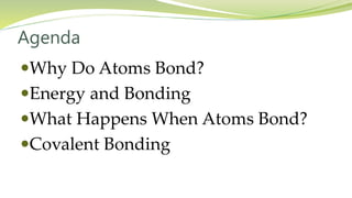 Agenda
Why Do Atoms Bond?
Energy and Bonding
What Happens When Atoms Bond?
Covalent Bonding
 