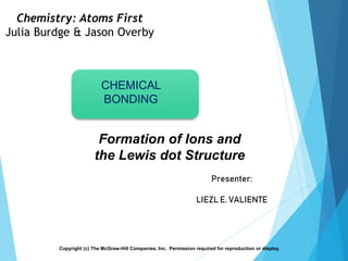 Chemistry: Atoms First
Julia Burdge & Jason Overby
Copyright (c) The McGraw-Hill Companies, Inc. Permission required for reproduction or display.
CHEMICAL
BONDING
Formation of Ions and
the Lewis dot Structure
Presenter:
LIEZL E. VALIENTE
 