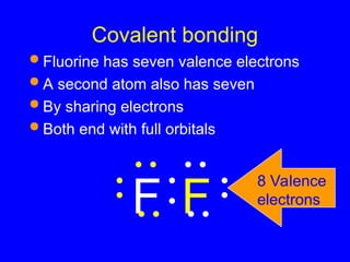 Covalent bonding
 Fluorine has seven valence electrons
 A second atom also has seven
 By sharing electrons
 Both end with full orbitals
F F
8 Valence
electrons
 