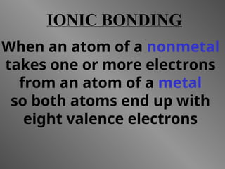 IONIC BONDING
When an atom of a nonmetal
takes one or more electrons
from an atom of a metal
so both atoms end up with
eight valence electrons
 