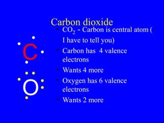 Carbon dioxide
• CO2 - Carbon is central atom (
I have to tell you)
• Carbon has 4 valence
electrons
• Wants 4 more
• Oxygen has 6 valence
electrons
• Wants 2 more
O
C
 