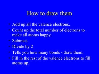 How to draw them
• Add up all the valence electrons.
• Count up the total number of electrons to
make all atoms happy.
• Subtract.
• Divide by 2
• Tells you how many bonds - draw them.
• Fill in the rest of the valence electrons to fill
atoms up.
 