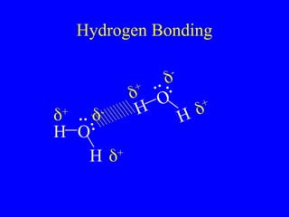 Hydrogen Bonding
H
H
O
+
-
+
H H
O
+
-
+
 