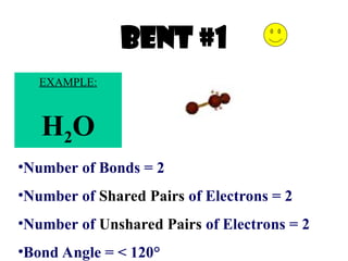 Bent #1
•Number of Bonds = 2
•Number of Shared Pairs of Electrons = 2
•Number of Unshared Pairs of Electrons = 2
•Bond Angle = < 120°
EXAMPLE:
H2O
 