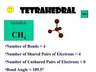 Tetrahedral
•Number of Bonds = 4
•Number of Shared Pairs of Electrons = 4
•Number of Unshared Pairs of Electrons = 0
•Bond Angle = 109.5°
EXAMPLE:
CH4
 