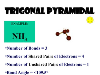 Trigonal Pyramidal
•Number of Bonds = 3
•Number of Shared Pairs of Electrons = 4
•Number of Unshared Pairs of Electrons = 1
•Bond Angle = <109.5°
EXAMPLE:
NH3
 