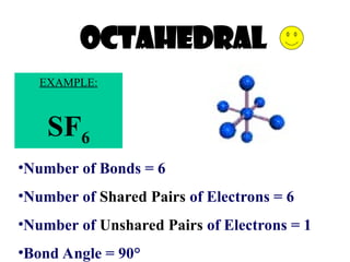 OCTAHEDRAL
•Number of Bonds = 6
•Number of Shared Pairs of Electrons = 6
•Number of Unshared Pairs of Electrons = 1
•Bond Angle = 90°
EXAMPLE:
SF6
 