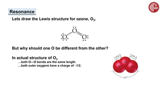 Resonance
Lets draw the Lewis structure for ozone, O3.
But why should one O be different from the other?
In actual structure of O3
…both O—O bonds are the same length.
…both outer oxygens have a charge of 1/2.
 