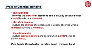 Types of Chemical Bonding
 Ionic bonding
- involves the transfer of electrons and is usually observed when
a metal bonds to a nonmetal.
 Covalent bonding
- involves the sharing of electrons and is usually observed when a
nonmetal bonds to a nonmetal.
 Metallic bonding
- involves electron pooling and occurs when a metal bonds to
another metal.
More bonds: Co-ordination covalent bond, Hydrogen bond
 