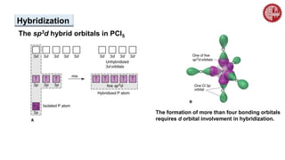 The formation of more than four bonding orbitals
requires d orbital involvement in hybridization.
The sp3d hybrid orbitals in PCl5
Hybridization
 