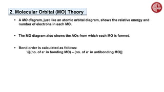  A MO diagram, just like an atomic orbital diagram, shows the relative energy and
number of electrons in each MO.
 The MO diagram also shows the AOs from which each MO is formed.
 Bond order is calculated as follows:
½[(no. of e– in bonding MO) – (no. of e– in antibonding MO)]
2. Molecular Orbital (MO) Theory
 
