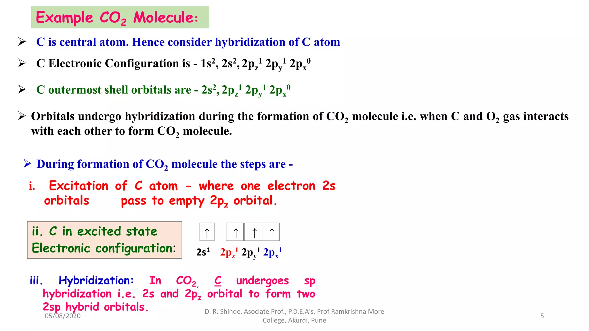 Example CO2 Molecule:
 C is central atom. Hence consider hybridization of C atom
 C Electronic Configuration is - 1s2, 2s2, 2pz
1 2py
1 2px
0
 C outermost shell orbitals are - 2s2, 2pz
1 2py
1 2px
0
 Orbitals undergo hybridization during the formation of CO2 molecule i.e. when C and O2 gas interacts
with each other to form CO2 molecule.
 During formation of CO2 molecule the steps are -
i. Excitation of C atom - where one electron 2s
orbitals pass to empty 2pz orbital.
iii. Hybridization: In CO2, C undergoes sp
hybridization i.e. 2s and 2pz orbital to form two
2sp hybrid orbitals.
ii. C in excited state
Electronic configuration:
↑ ↑ ↑ ↑
2s1 2pz
1 2py
1 2px
1
05/08/2020
D. R. Shinde, Asociate Prof., P.D.E.A's. Prof Ramkrishna More
College, Akurdi, Pune
5
 