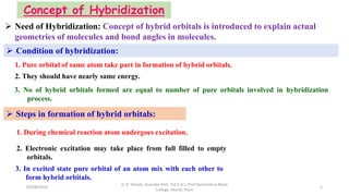 Concept of Hybridization
3. In excited state pure orbital of an atom mix with each other to
form hybrid orbitals.
 Need of Hybridization: Concept of hybrid orbitals is introduced to explain actual
geometries of molecules and bond angles in molecules.
 Steps in formation of hybrid orbitals:
 Condition of hybridization:
1. During chemical reaction atom undergoes excitation.
2. Electronic excitation may take place from full filled to empty
orbitals.
1. Pure orbital of same atom take part in formation of hybrid orbitals.
2. They should have nearly same energy.
3. No of hybrid orbitals formed are equal to number of pure orbitals involved in hybridization
process.
05/08/2020
D. R. Shinde, Asociate Prof., P.D.E.A's. Prof Ramkrishna More
College, Akurdi, Pune
2
 