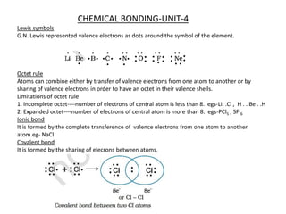 CHEMICAL BONDING-UNIT-4
Lewis symbols
G.N. Lewis represented valence electrons as dots around the symbol of the element.
Octet rule
Atoms can combine either by transfer of valence electrons from one atom to another or by
sharing of valence electrons in order to have an octet in their valence shells.
Limitations of octet rule
1. Incomplete octet----number of electrons of central atom is less than 8. egs-Li. .Cl , H . . Be . .H
2. Expanded octet----number of electrons of central atom is more than 8. egs-PCl5 , SF 6
Ionic bond
It is formed by the complete transference of valence electrons from one atom to another
atom.eg- NaCl
Covalent bond
It is formed by the sharing of elecrons between atoms.
 