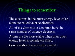 Things to remember: The electrons in the outer energy level of an atom are called valence electrons. All of the elements in a column have the same number of valence electrons. Atoms are the most stable when their outer energy level is completely filled.  Compounds are electrically neutral. 