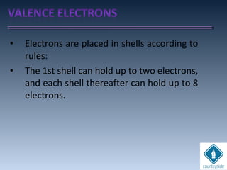 • Electrons are placed in shells according to
rules:
• The 1st shell can hold up to two electrons,
and each shell thereafter can hold up to 8
electrons.
 