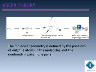 The molecular geometry is defined by the positions
of only the atoms in the molecules, not the
nonbonding pairs (lone pairs).
 
