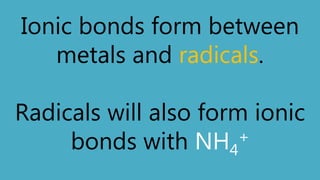 Ionic bonds form between
metals and radicals.
Radicals will also form ionic
bonds with NH4
+
 