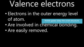 Valence electrons
• Electrons in the outer energy level
of atom.
• Are involved in chemical bonding.
• Are easily removed.
Noble gases obey the octet structure.
 