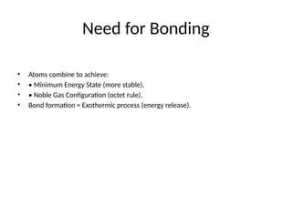 Need for Bonding
• Atoms combine to achieve:
• • Minimum Energy State (more stable).
• • Noble Gas Configuration (octet rule).
• Bond formation = Exothermic process (energy release).
 
