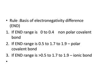 • Rule :Basis of electronegativity difference
(END)
1. If END range is 0 to 0.4 non polar covalent
bond
2. If END range is 0.5 to 1.7 to 1.9 – polar
covalent bond
3. If END range is >0.5 to 1.7 to 1.9 – ionic bond
•
 